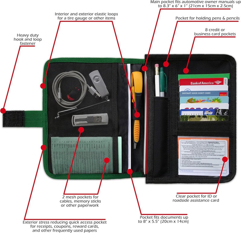PlusXpres Glove Box Compartment Organizer - Car Document Holder - Owner Manual Case Pouch - Vehicle Storage Wallet for Registration & Insurance Card - Premium Auto Paperwork Holder - Log Book included - Green - Image 3